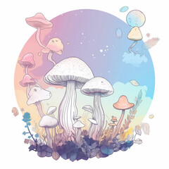 Mushroom and Moon Iridescent Circle on White with Stars Galaxy Space Generative AI