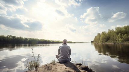 senior man pensioner sitting by lake in nature, doing yoga exercise. Generative Ai