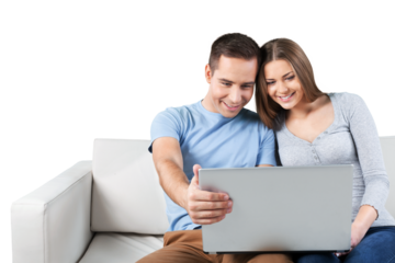 Smiling Couple Using Laptop on the Couch