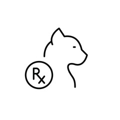 Cat and prescription drug symbol, veterinary healthcare. Pet pharmacy. Pixel perfect, editable stroke line icon