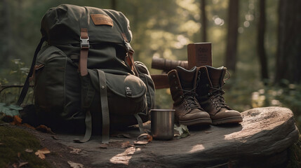 Fototapeta premium Hiking and camping equipment in forest. Generative Ai
