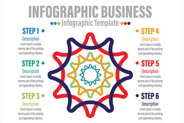 Atom start diagram infographic with circles. Modern infographic design template with 6 options, steps or parts. Flat vector illustration for business presentation.