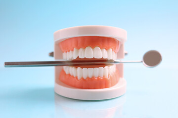Fototapeta na wymiar Dentist's tools and a dental model of teeth on a blue background close up 