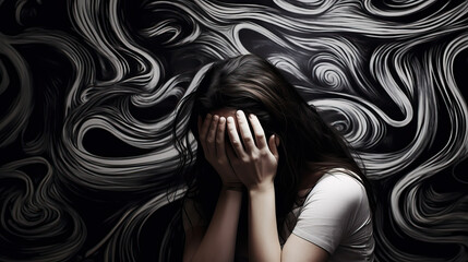 Eine Frau hält sich die Hände vor das Gesicht. Symbolische Darstellung von Überforderung, Angst und Depression (Generative AI)
 - obrazy, fototapety, plakaty