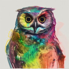 Owl Technicolor Colorful Neon White Background Generative AI
