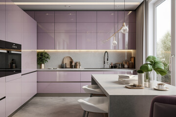 Fototapeta na wymiar Cozy modern kitchen for woman, lilac light colors. Super photo realistic background, generative ai illustration