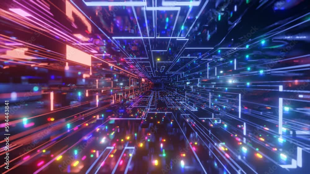 Poster pattern like sci-fi hologram. fly through technology cyberspace with neon glow. sci-fi flight throug