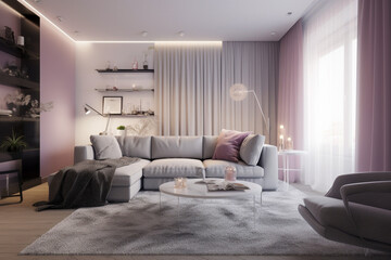 Cozy living room for woman, lilac light colors. Super photo realistic background, generative ai illustration