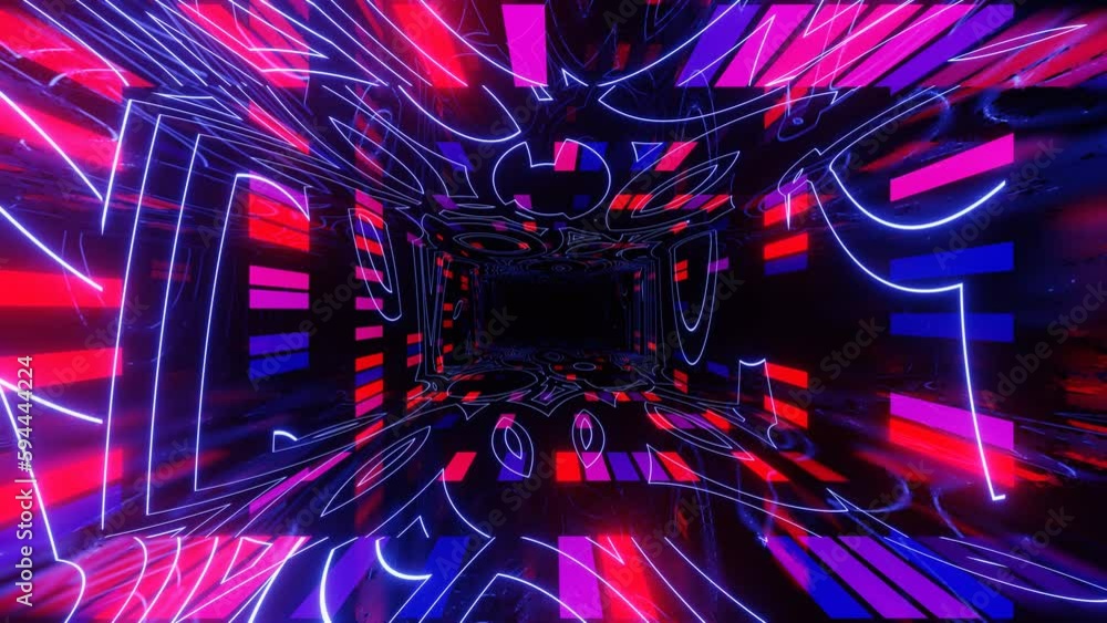 Poster futuristic hologram. 4k seamless looped animation. fly through mirror tunnel with neon pattern, glow