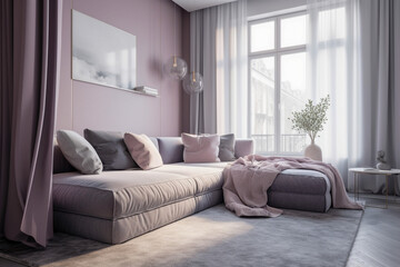 Cozy living room for woman, lilac light colors. Super photo realistic background, generative ai illustration