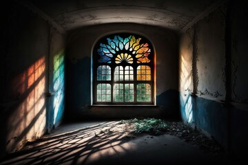 Light passes into the large, empty room through colorful stained glass windows. Ai generated.
