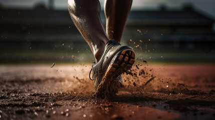 Runner feet running on road closeup on shoe on a track for a workout. Generative Ai