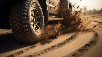 Detailed view of motion the wheels tires and off-road truck shaft that goes in the dust of the desert through the wheels on the sand. Generative Ai