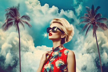 Fashion woman with red lips wearing trendy sunglasses. Tropical travel background. Generative AI