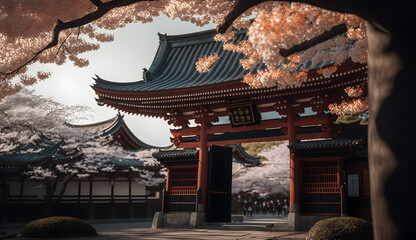 toji gate in cherry blossom garden, japanese garden landscape .generative ai