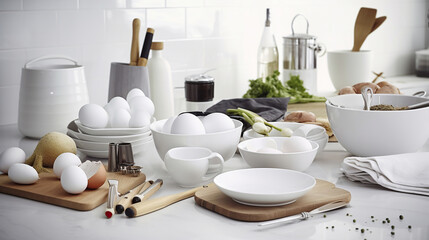 Fototapeta na wymiar Kitchen utensils and dishware on wooden shelf. Generative Ai