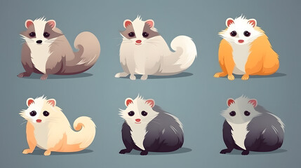 Fototapeta premium Ferret Frenzy: Funny Cute Ferrets in Flat Design, AI Generative