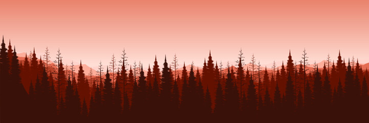 dusk sunset nature mountain landscape with forest silhouette vector illustration good for web banner, ads banner, tourism banner, wallpaper, background template, and adventure design