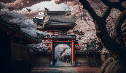 toji gate in cherry blossom garden, japanese garden landscape .generative ai - obrazy, fototapety, plakaty