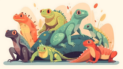Fototapeta premium Cute Reptiles, Flat Design Illustration, lizard turtle