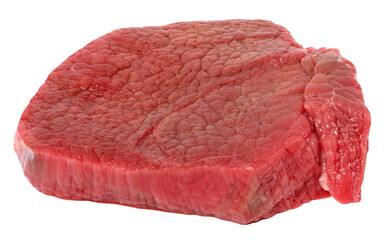 Round raw beef steak on a white isolated background