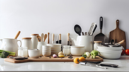 Fototapeta na wymiar Kitchen utensils, cooking ingredients and kitchenware on white counter table. Generative Ai