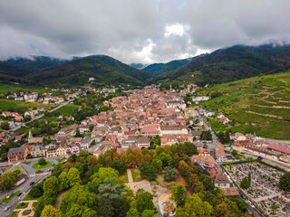 Fototapeta na wymiar Aerial vIew by drone. Summer. France, Alsace. Riquewihr fortess town.