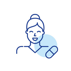 Woman pharmacist. Girl in a uniform with capsule pill symbol. Pixel perfect, editable stroke line icon