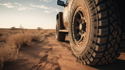Truck car wheel on offroad steppe adventure trail. Generative Ai