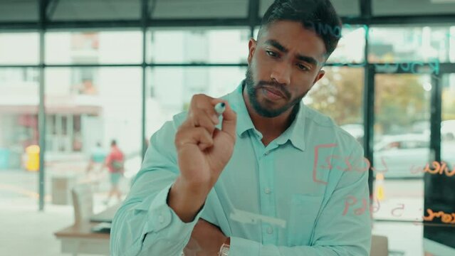 Serious man writing business notes, brainstorming agenda and target process at office window. Male worker, glass and planning ideas of project, timeline and thinking of solution, schedule and mindmap