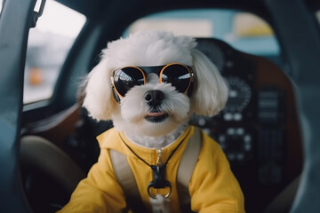 cute little white dog riding on a plane wearing a yellow jumpsuit, Generative AI