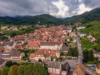 Ribeauville Aerial vIew by drone. Summer. France, Alsace. town.