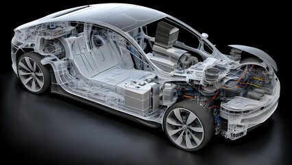 Electric car technical cutaway with all main details of EV system in ghost effect