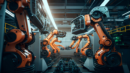  Automated Robot Arm Assembly Line Manufacturing Advanced High - Tech Green Energy Electric Vehicles. Welding Industrial Production Conveyor