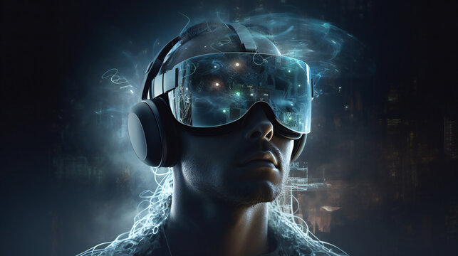 Technological concepts such as VR headset, metaverse, futuristic virtual world. Generative AI