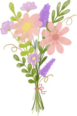 Bouquet of wildflowers of pink, lilac, and green leaves and branches on a transparent background. For postcards, prints, posters, and sublimation.