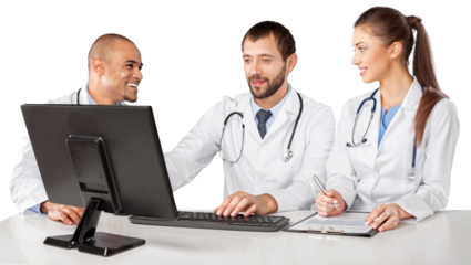 Portrait of Doctors Looking at Computer Monitor and Writing on Clipboard