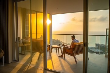 Man working remotely with his laptop from luxury location with the beautiful view on the sunset. He is enjoying the view on the sea. Created with generative AI