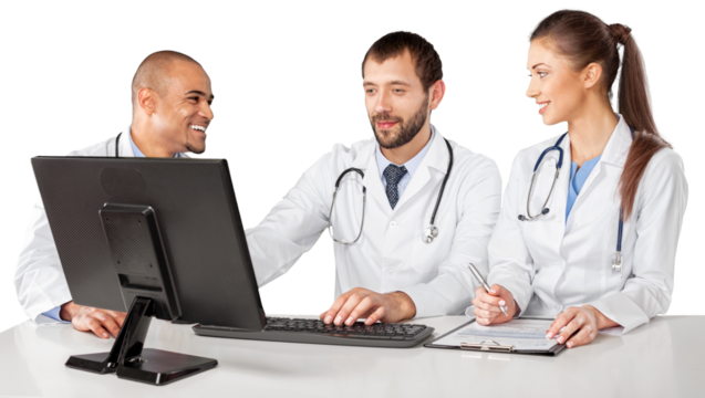 Portrait of Doctors Looking at Computer Monitor and Writing on Clipboard