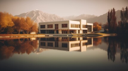 Obraz premium Modern luxury house by a lake. Generative AI illustration.