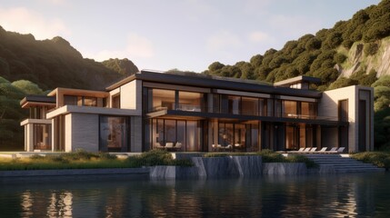 Fototapeta na wymiar Modern luxury house by a lake. Generative AI illustration.