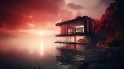Sunset over a modern luxury house by a lake. Generative AI illustration.