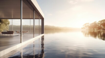 Beautiful panorama view on a lake from a modern luxury villa. Generative AI illustration.