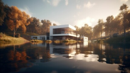 Modern luxury house by a lake. Generative AI illustration.