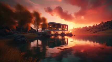 Fototapeta premium Modern luxury house by a lake. Generative AI illustration.