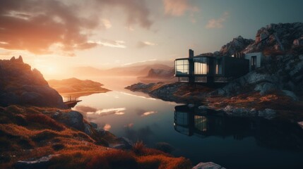 Obraz premium Modern luxury house by a lake. Generative AI illustration.