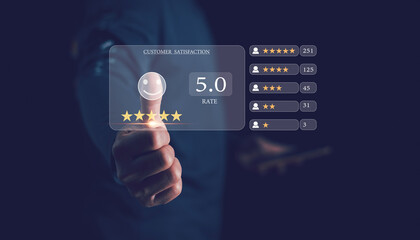 Businessman thumb up with smiling face and five stars icon to assess satisfaction with product and services, Customer satisfaction and service quality survey, highest level, positive feedback.