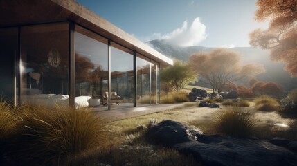 Modern luxury villa in the nature. Generative AI illustration.