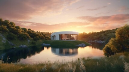 Fototapeta premium Modern luxury circular house by a lake. Generative AI illustration.