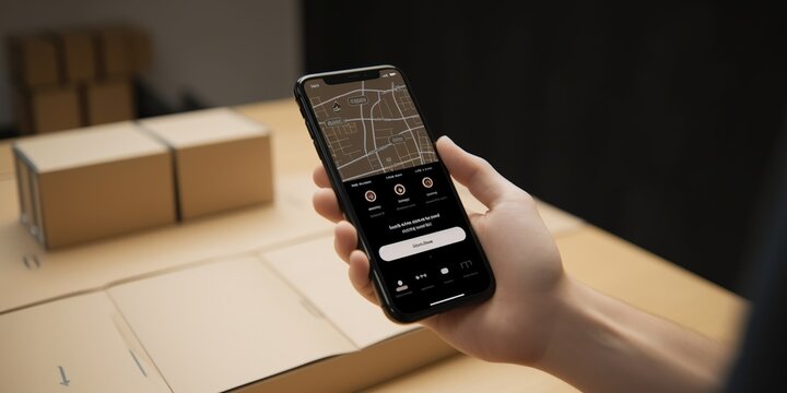 customer tracking their parcels journey in real time via smartphone app, set against connected, responsive background, concept of Interactive customer experience, created with Generative AI technology